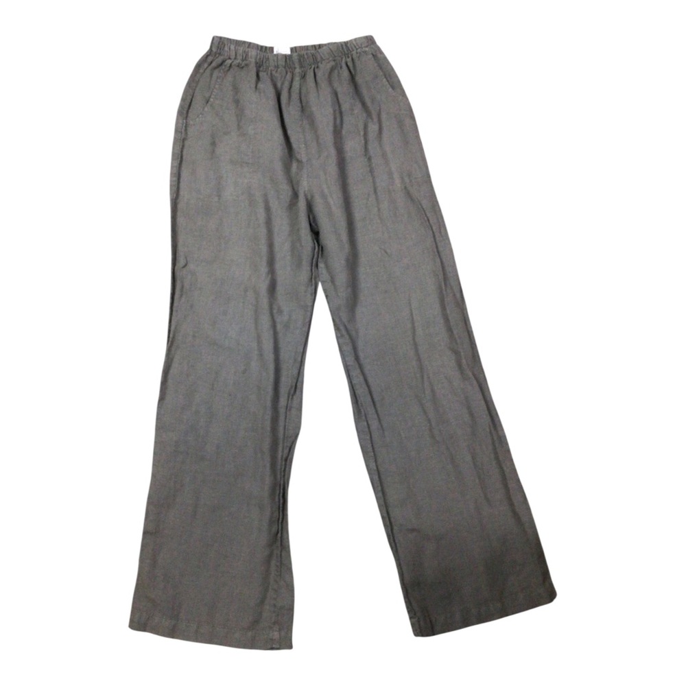 Vintage Mosaic Linen Pants Pockets Wide Leg Medium Gray Elastic Waist